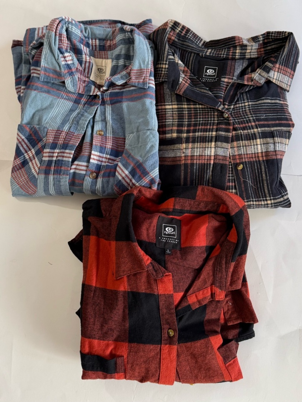 BUNDLE: 3 Rip Curl Flannels, 2 MED(black/pink & blue/red) & 1 LG (orange/black)